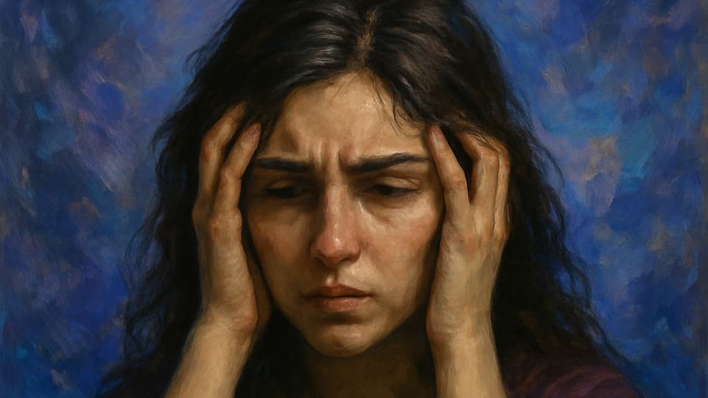 A young woman with dark, wavy hair holds her head in distress against a stormy, abstract background. Her eyes are closed, face tense, capturing deep emotional turmoil and inner conflict.