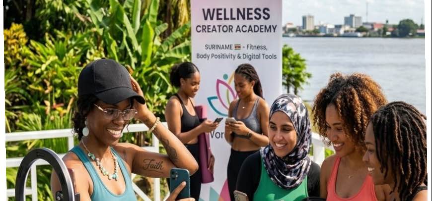 A diverse group of young women gathered outdoors in Suriname, engaging with smartphones, digital cameras, and ring lights in front of a banner for the Wellness Creator Academy.