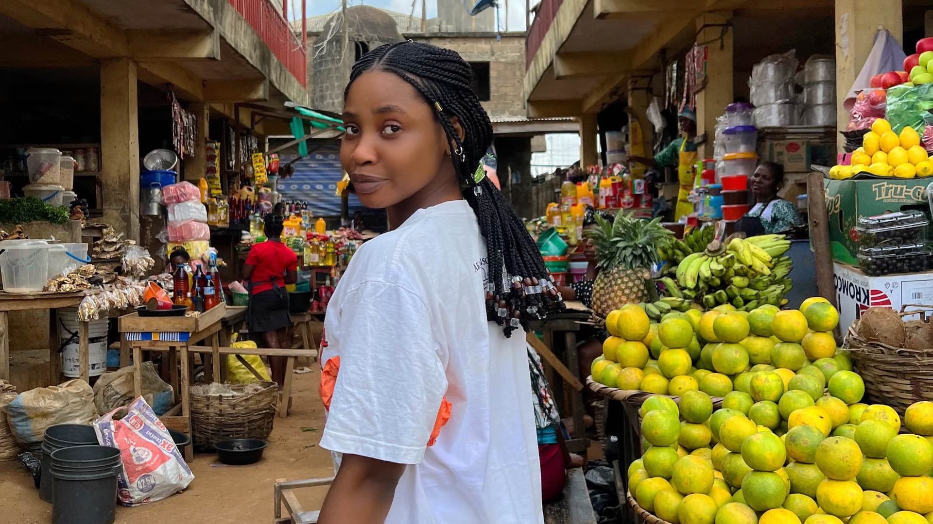 Esther in a local market in Lagos, Nigeria.